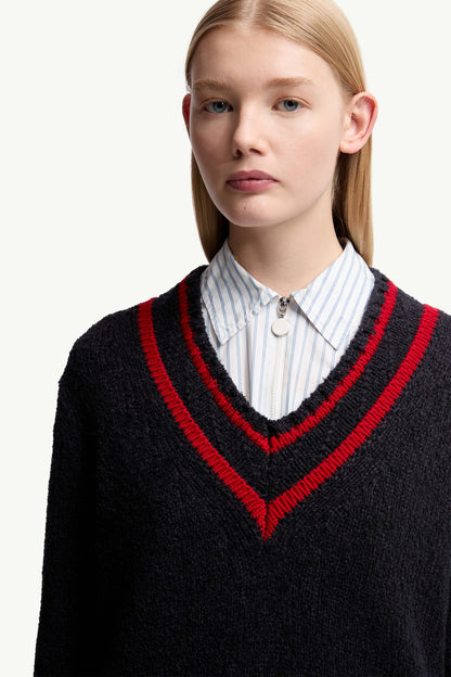 Moncler Padded V-Neck Cotton & Wool Blend Sweater Navy Blue Navy Blue
