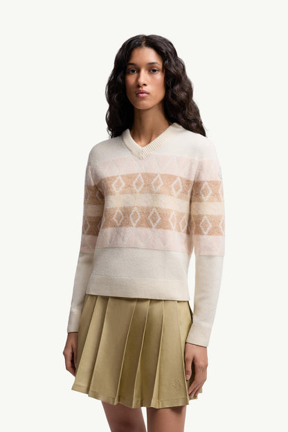 Moncler Wool Jacquard V-Neck Sweater White & Pink White & Pink