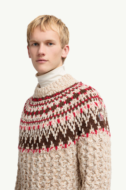 Moncler Geometric Jacquard Wool Sweater Camel Beige & Red Camel Beige & Red