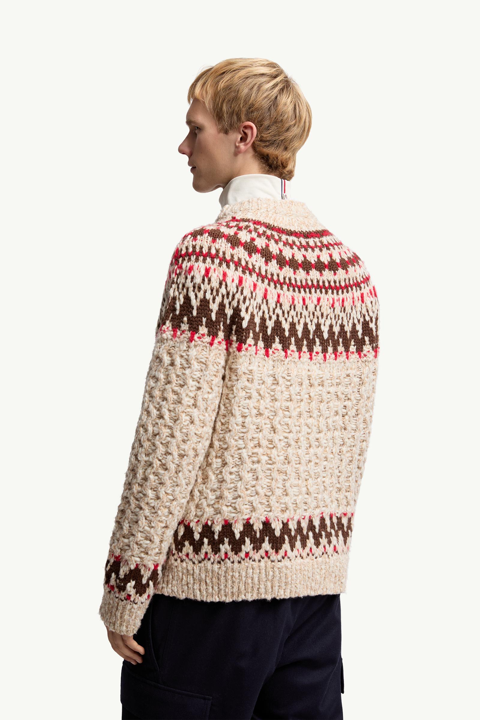 Moncler Geometric Jacquard Wool Sweater Camel Beige & Red Camel Beige & Red