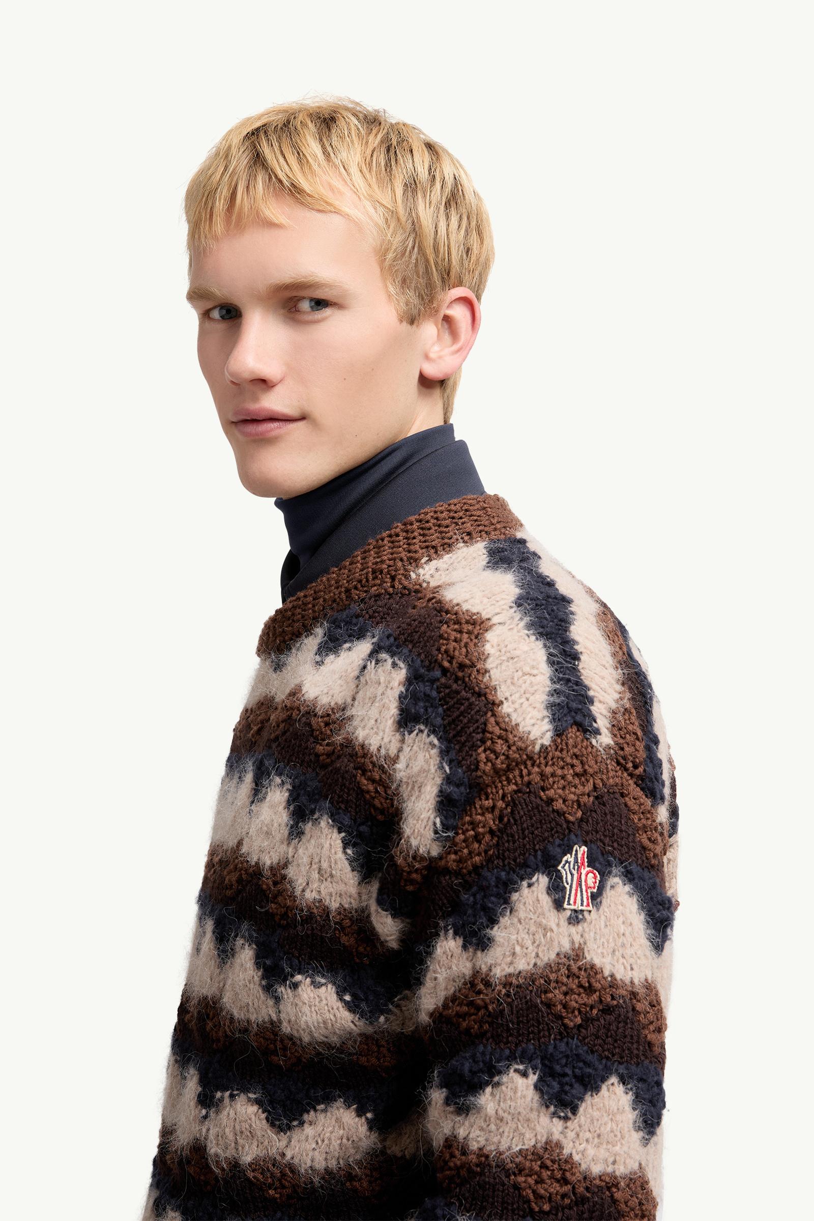Moncler Geometric Jacquard Wool Blend Sweater Blue & Brown Blue & Brown