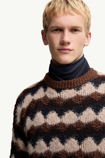 Moncler Geometric Jacquard Wool Blend Sweater Blue & Brown Blue & Brown