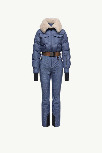 Moncler Shearling-Trimmed Insulated Ski Suit Denim Blue Denim Blue