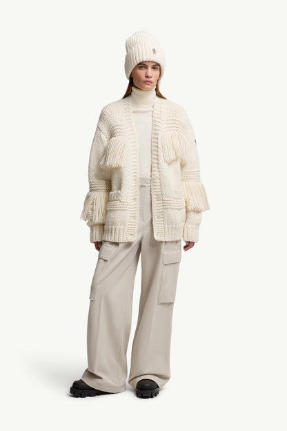 Moncler Fringe-Trim Wool Blend V-Neck Cardigan White Ivory White Ivory