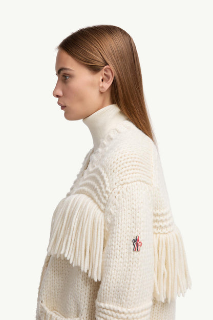 Moncler Fringe-Trim Wool Blend V-Neck Cardigan White Ivory White Ivory