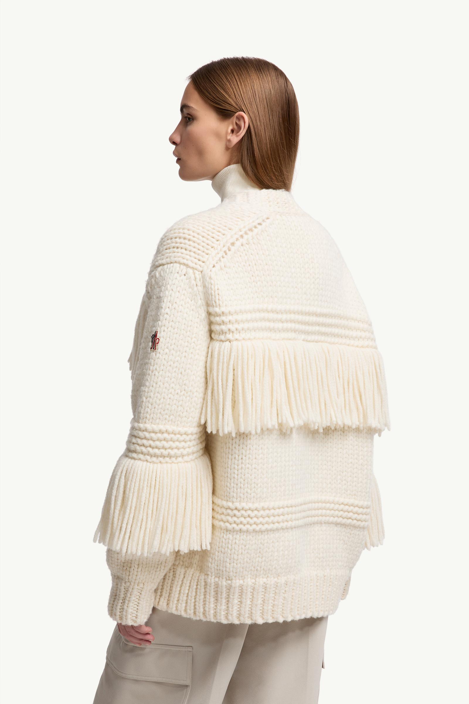 Moncler Fringe-Trim Wool Blend V-Neck Cardigan White Ivory White Ivory