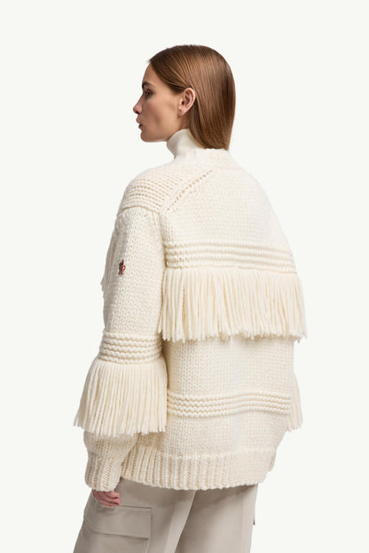 Moncler Fringe-Trim Wool Blend V-Neck Cardigan White Ivory White Ivory