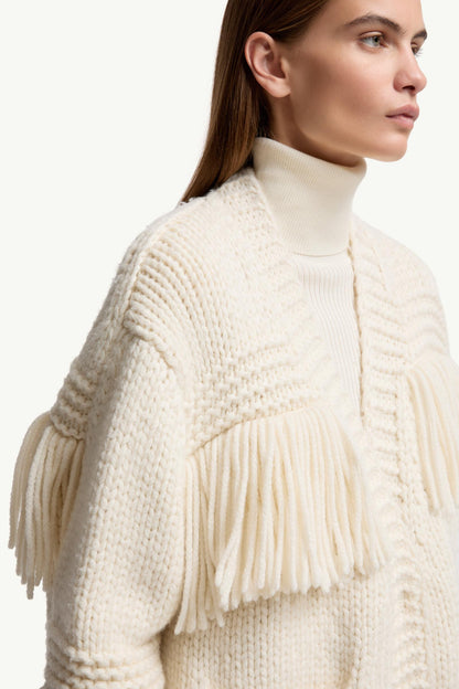 Moncler Fringe-Trim Wool Blend V-Neck Cardigan White Ivory White Ivory