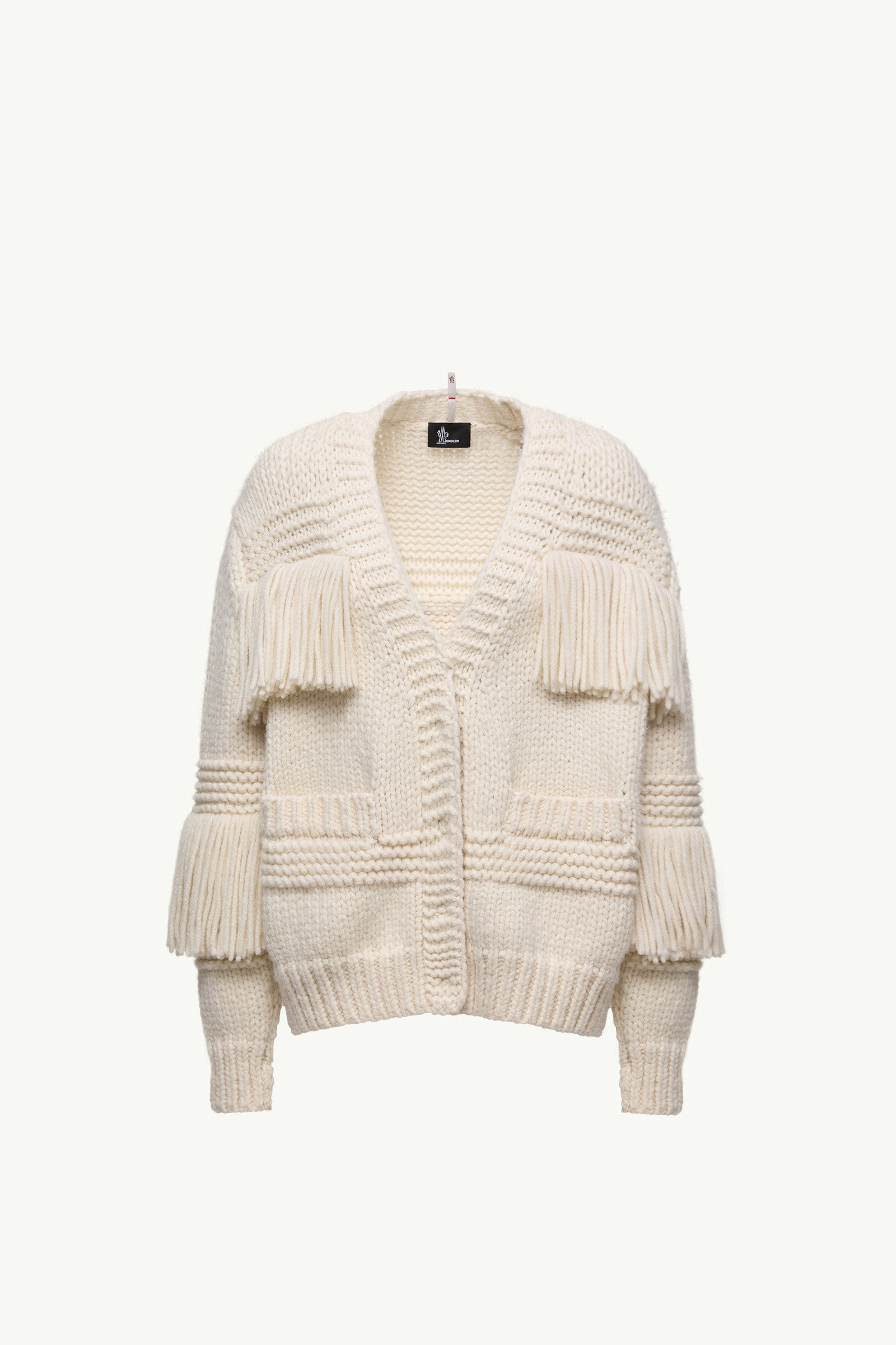 Moncler Fringe-Trim Wool Blend V-Neck Cardigan White Ivory White Ivory