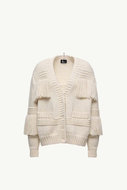 Moncler Fringe-Trim Wool Blend V-Neck Cardigan White Ivory White Ivory