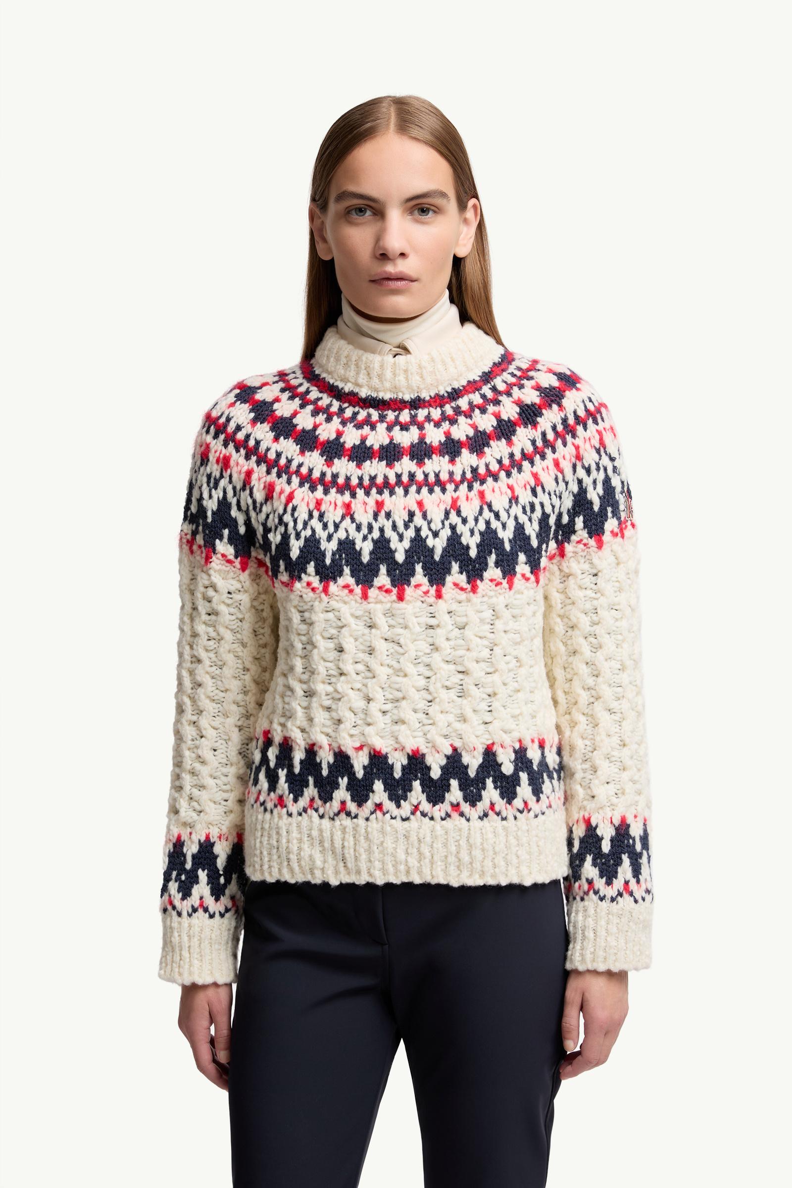 Moncler Geometric Jacquard Wool Blend Sweater White & Blue & Red White & Blue & Red