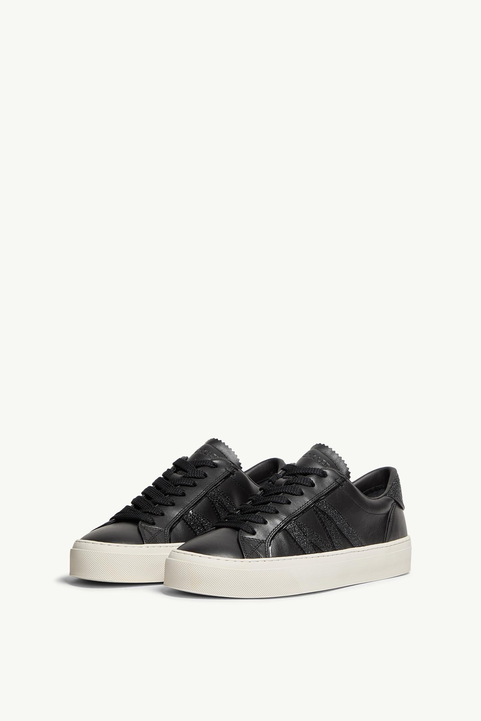 Moncler Monaco2 Leather  & Glitter Sneakers Black