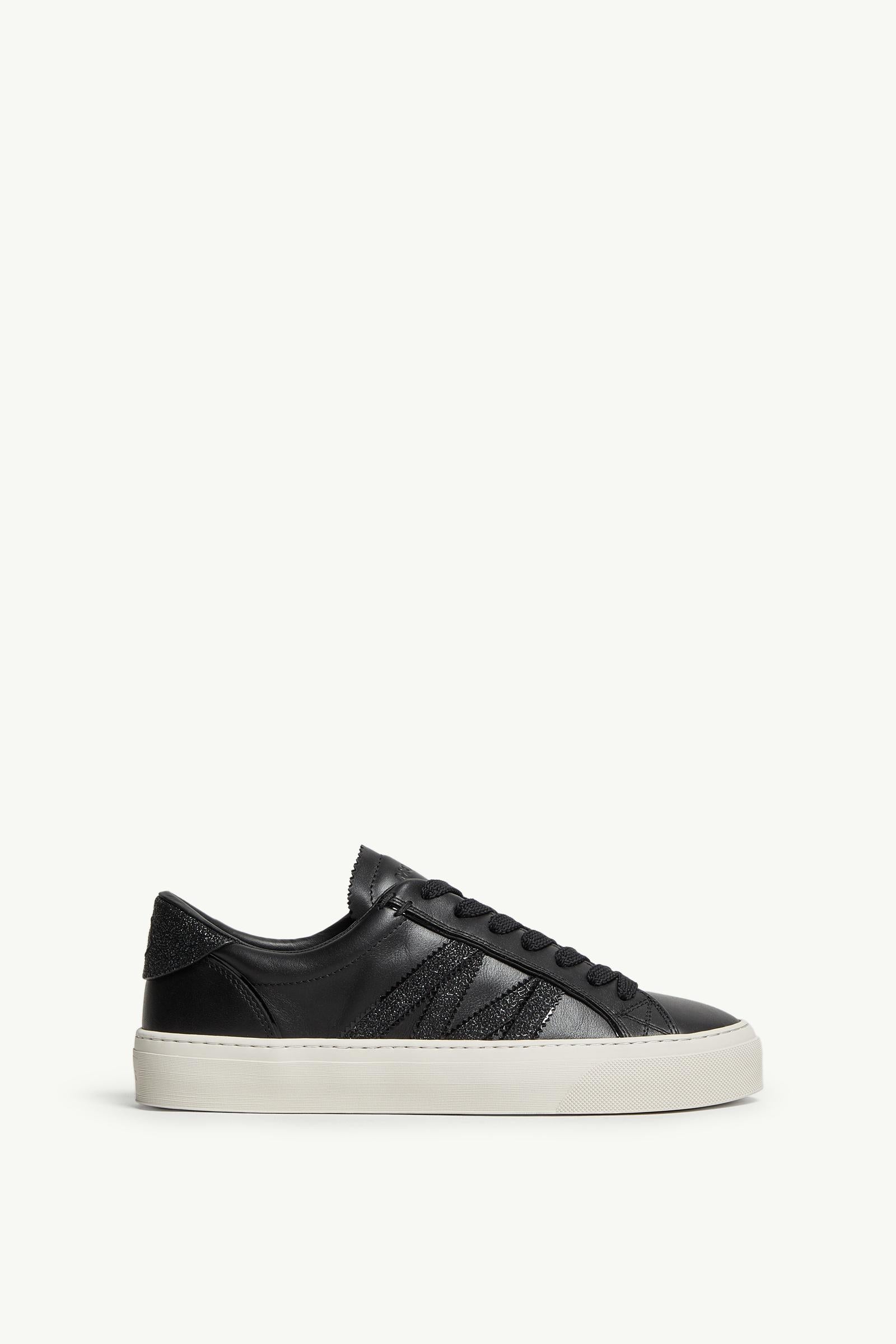 Moncler Monaco2 Leather  & Glitter Sneakers Black