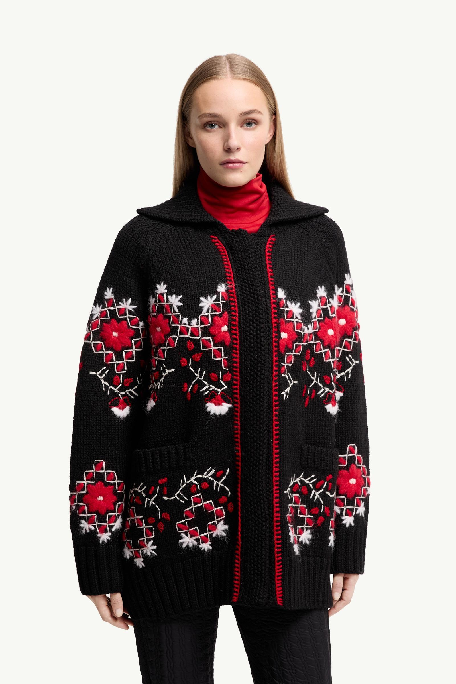 Moncler Embroidered Wool Blend Cardigan Black Black