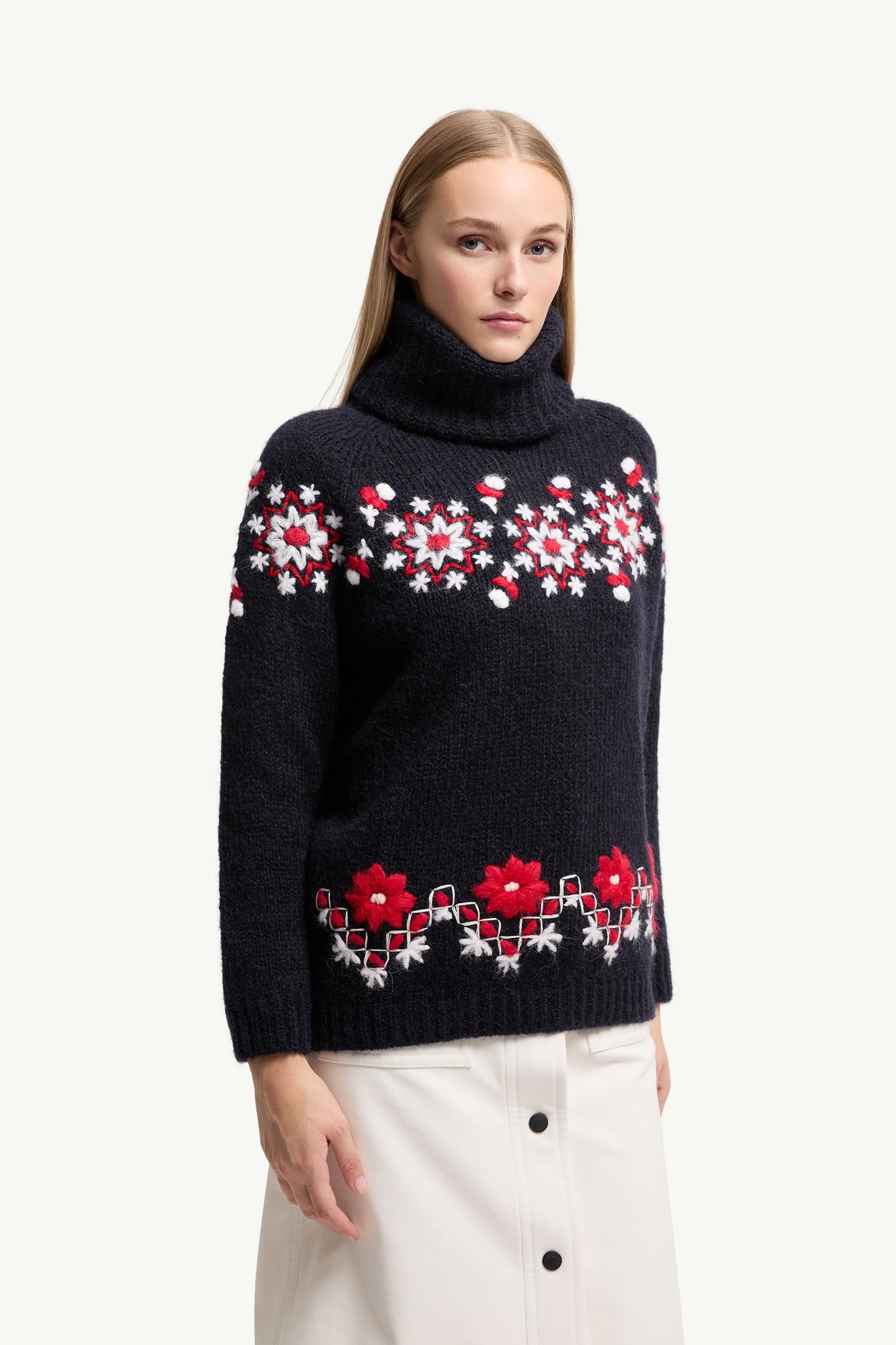Moncler Hand-Embroidered Alpaca & Wool Turtleneck Sweater Navy Blue Navy Blue