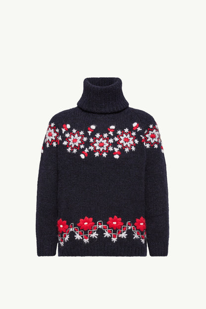Moncler Hand-Embroidered Alpaca & Wool Turtleneck Sweater Navy Blue Navy Blue