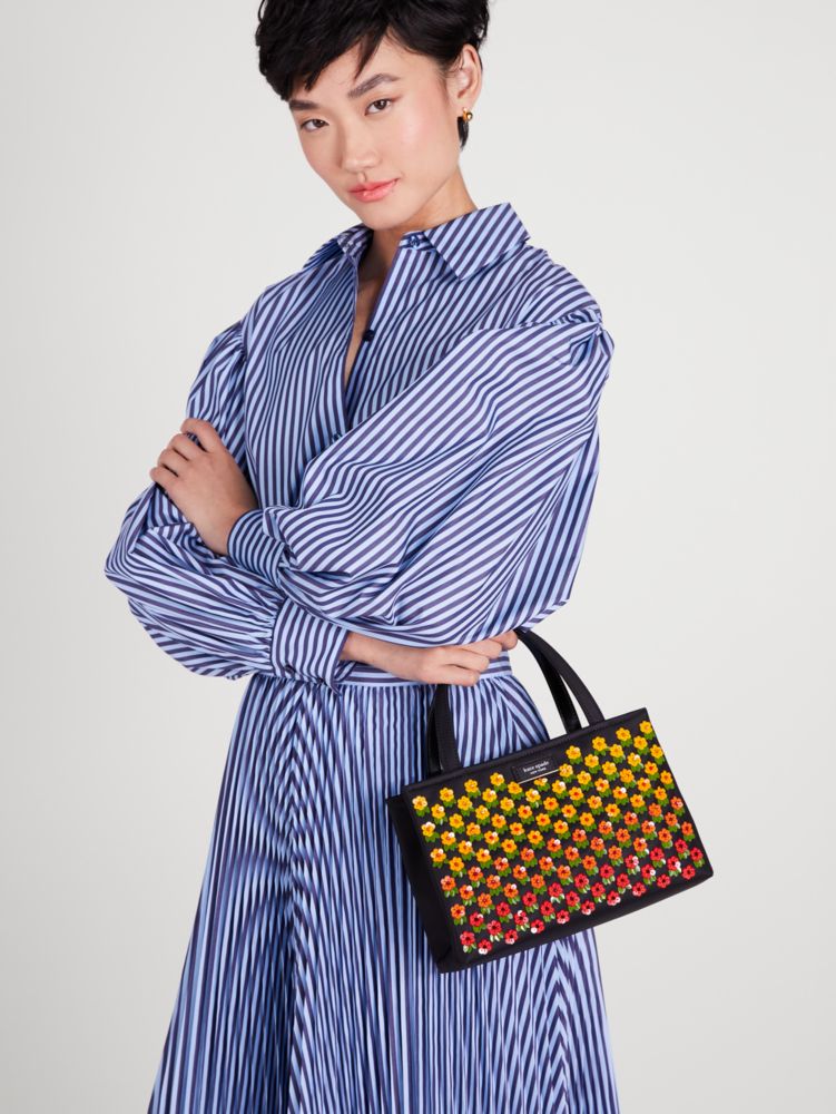 KateSpade Sam Icon Floral Embellished Nylon Small Tote Black Multi