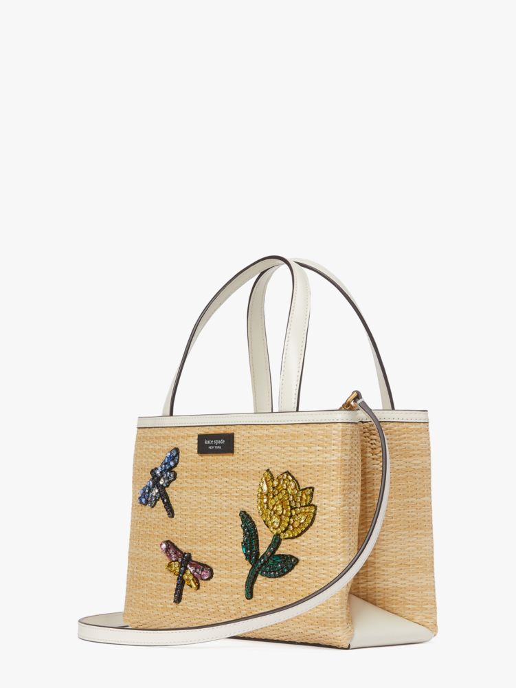 KateSpade Sam Icon Dragonfly Embellished Straw Small Tote Natural Multi