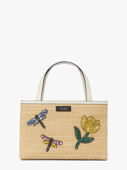 KateSpade Sam Icon Dragonfly Embellished Straw Small Tote Natural Multi