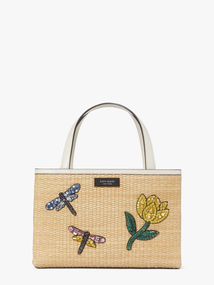 KateSpade Sam Icon Dragonfly Embellished Straw Small Tote Natural Multi