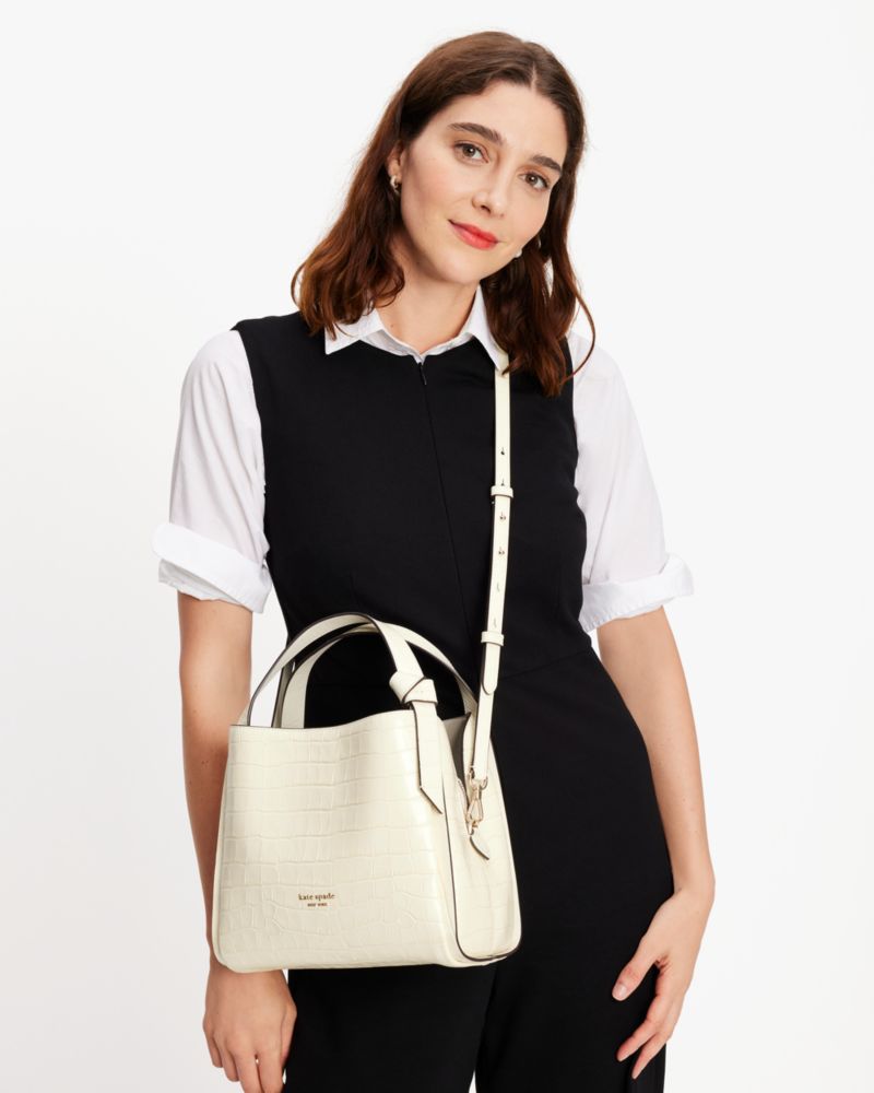 KateSpade Knott Croc embossed Medium Crossbody Tote Halo White