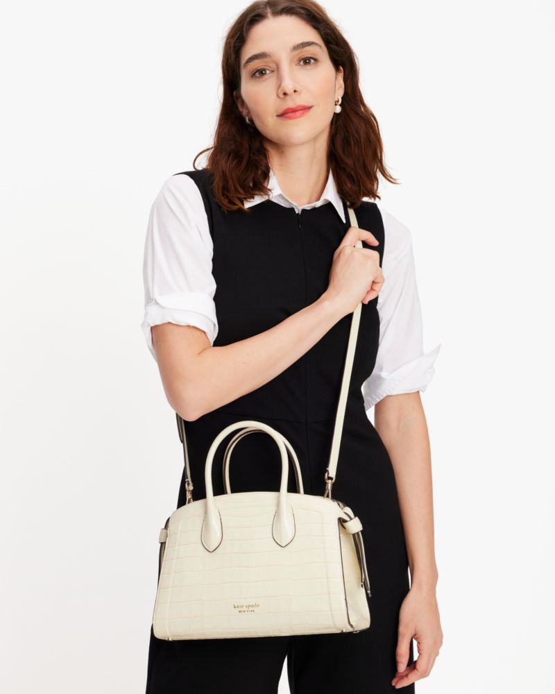 KateSpade Knott Croc embossed Medium Zip top Satchel Halo White
