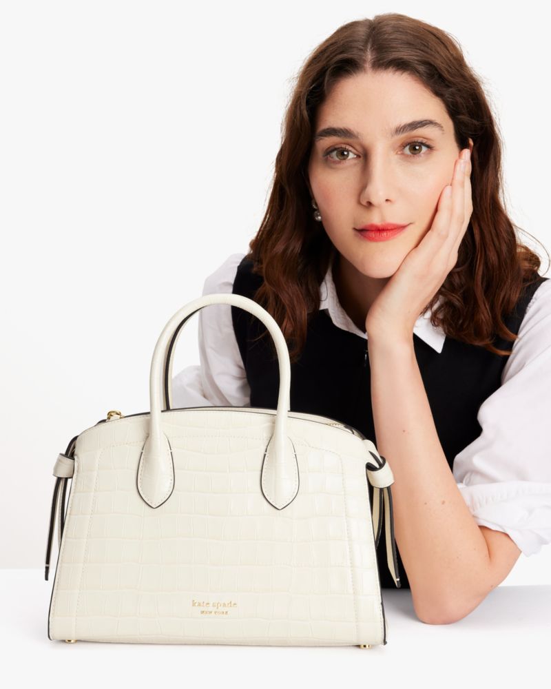 KateSpade Knott Croc embossed Medium Zip top Satchel Halo White