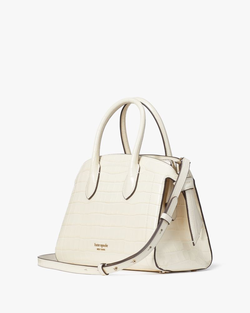KateSpade Knott Croc embossed Medium Zip top Satchel Halo White