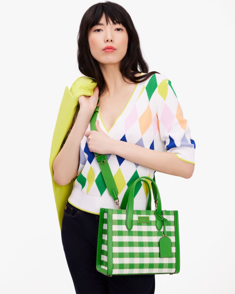 KateSpade Manhattan Gingham Tweed Fabric Small Tote Summit Green Multi