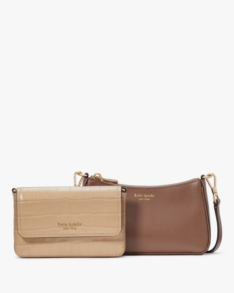 KateSpade Double Up Croc Embossed Crossbody Warm Acorn Multi