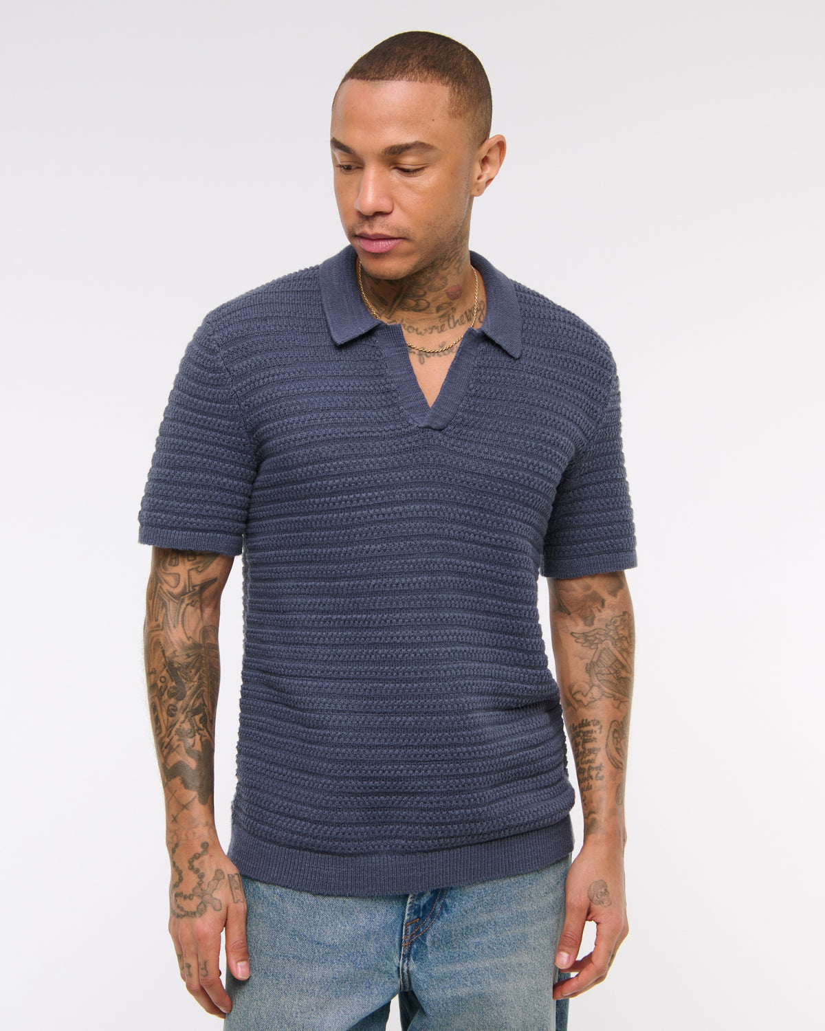 Abercrombie Textural Striped Johnny Collar Sweater Polo
