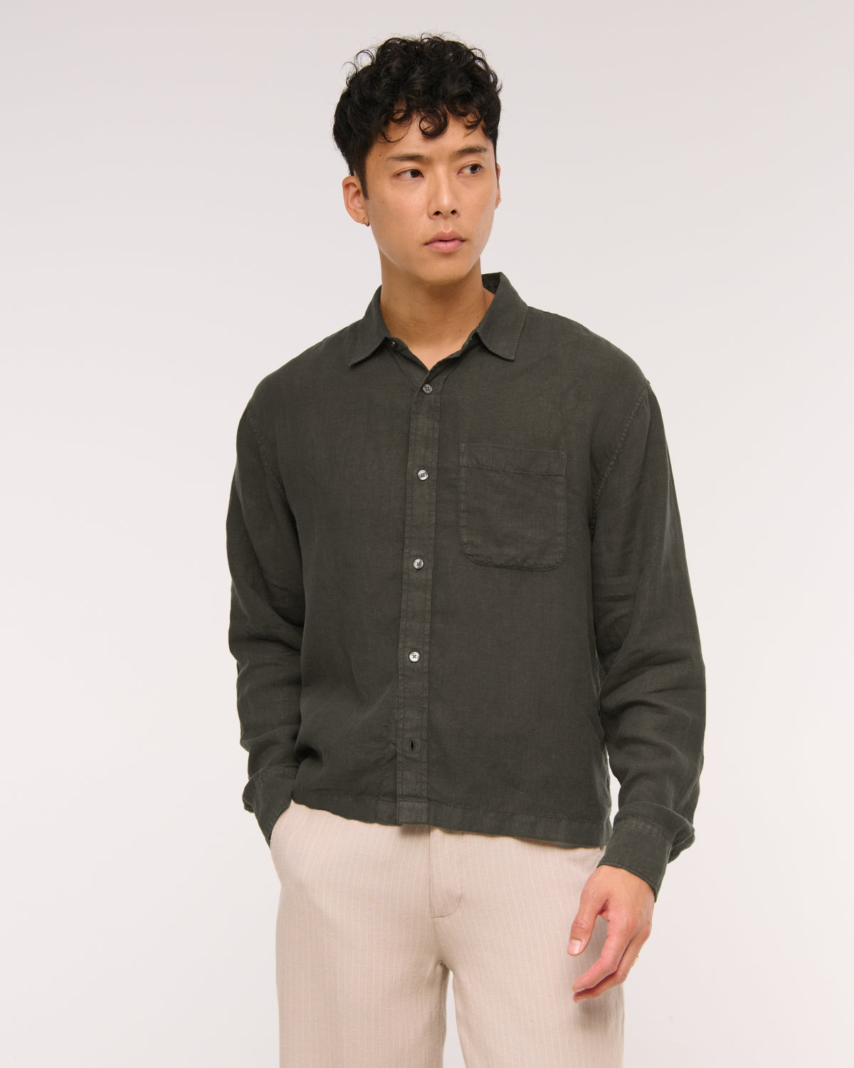 Abercrombie Cropped 100% Linen Button-Up Shirt