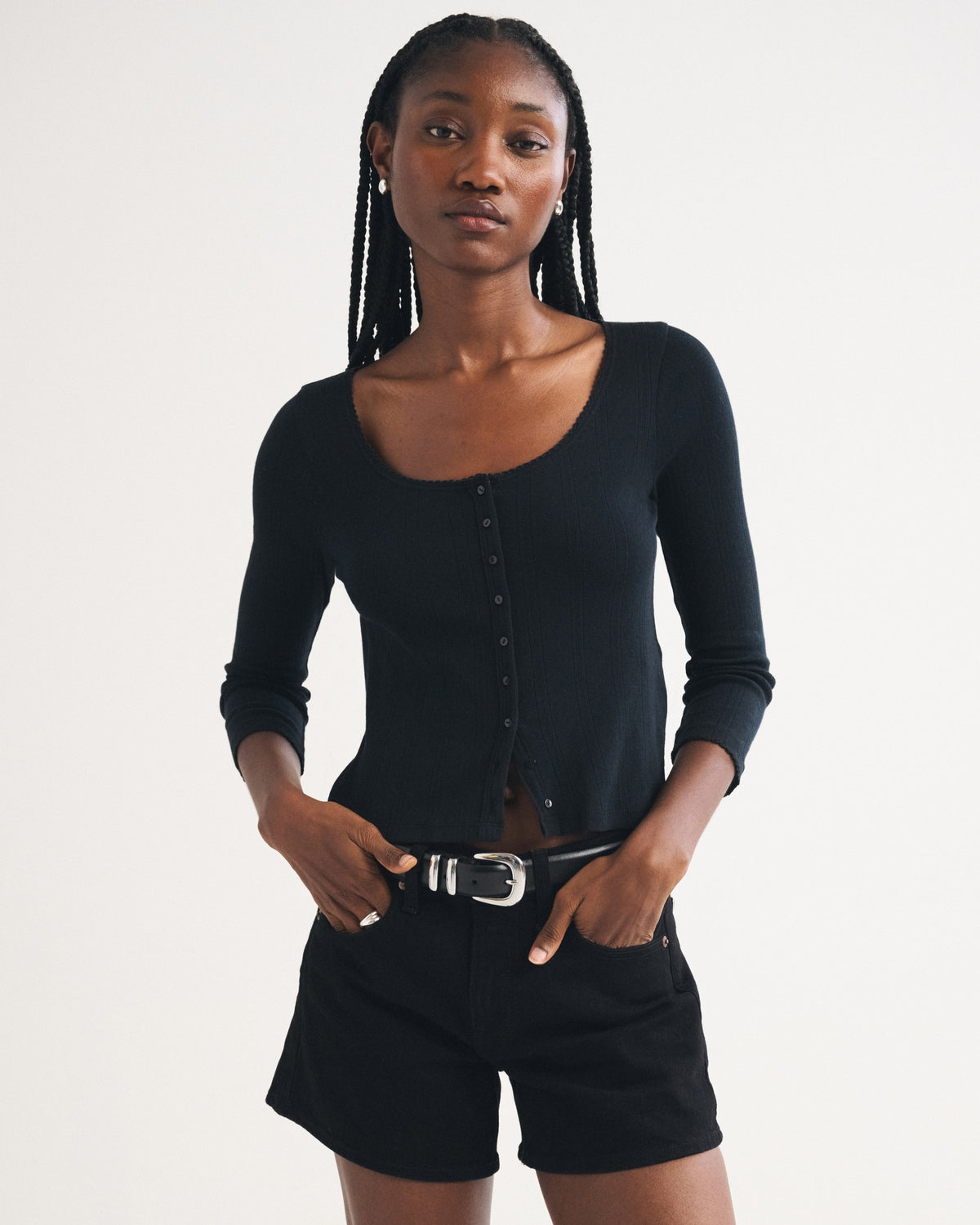 Abercrombie 3/4 Sleeve Pointelle Button-Through Top