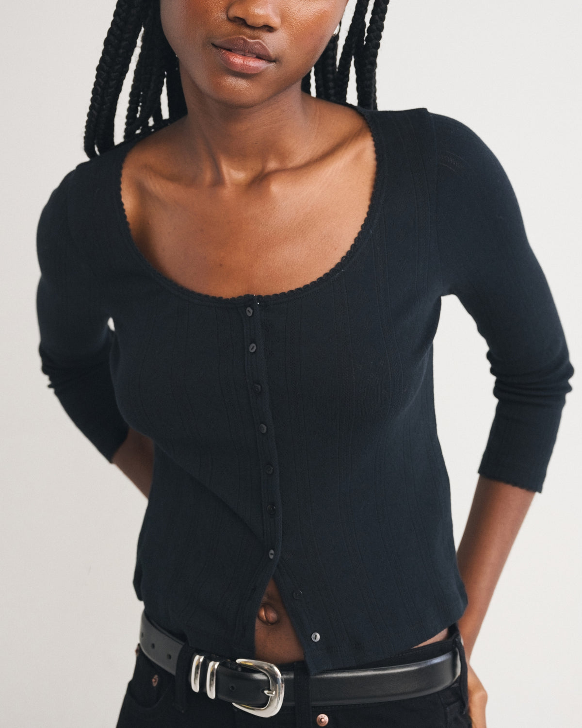Abercrombie 3/4 Sleeve Pointelle Button-Through Top