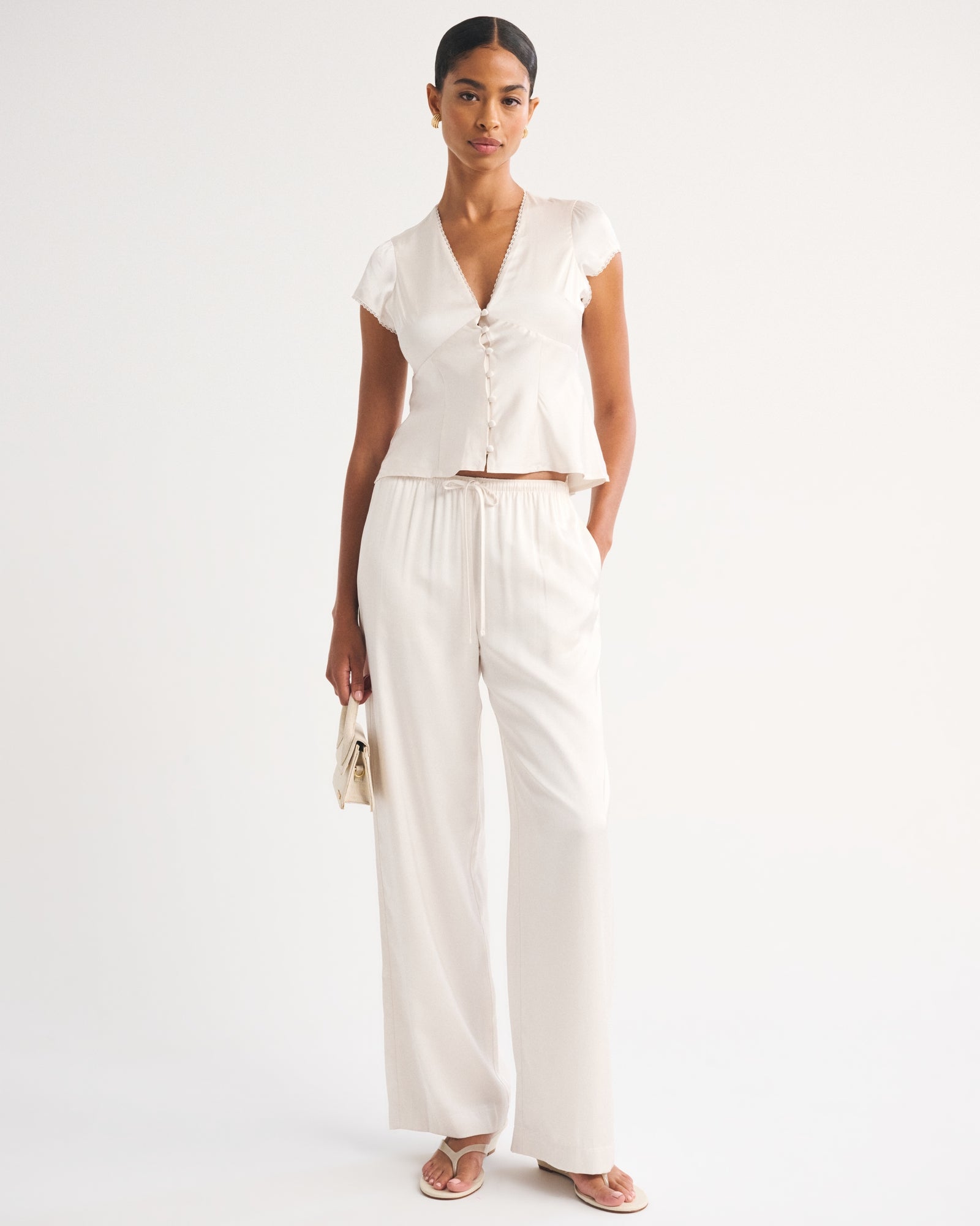 Abercrombie Lace-Trim Satin Button-Up Blouse