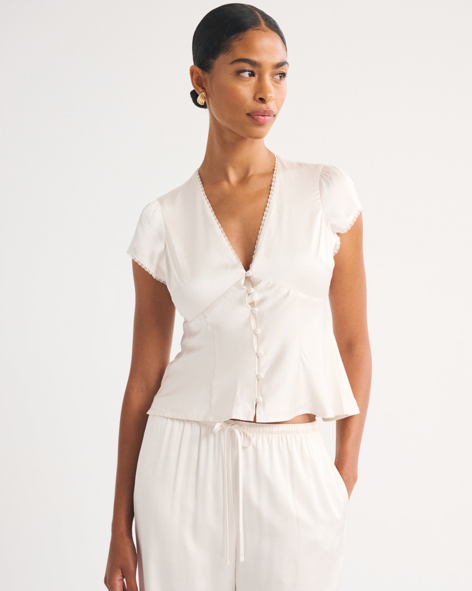 Abercrombie Lace-Trim Satin Button-Up Blouse