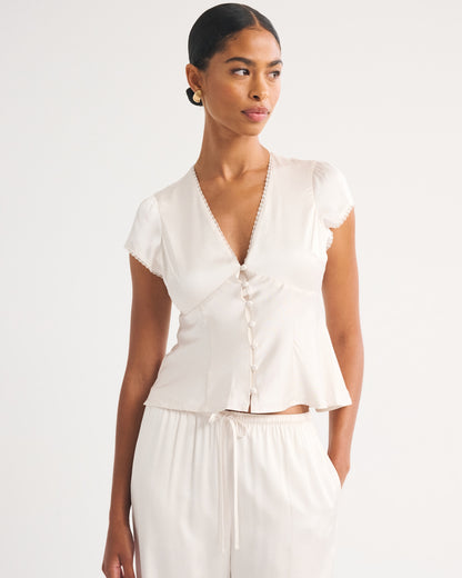 Abercrombie Lace-Trim Satin Button-Up Blouse