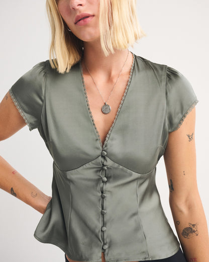 Abercrombie Lace-Trim Satin Button-Up Blouse