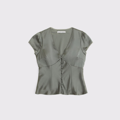 Abercrombie Lace-Trim Satin Button-Up Blouse