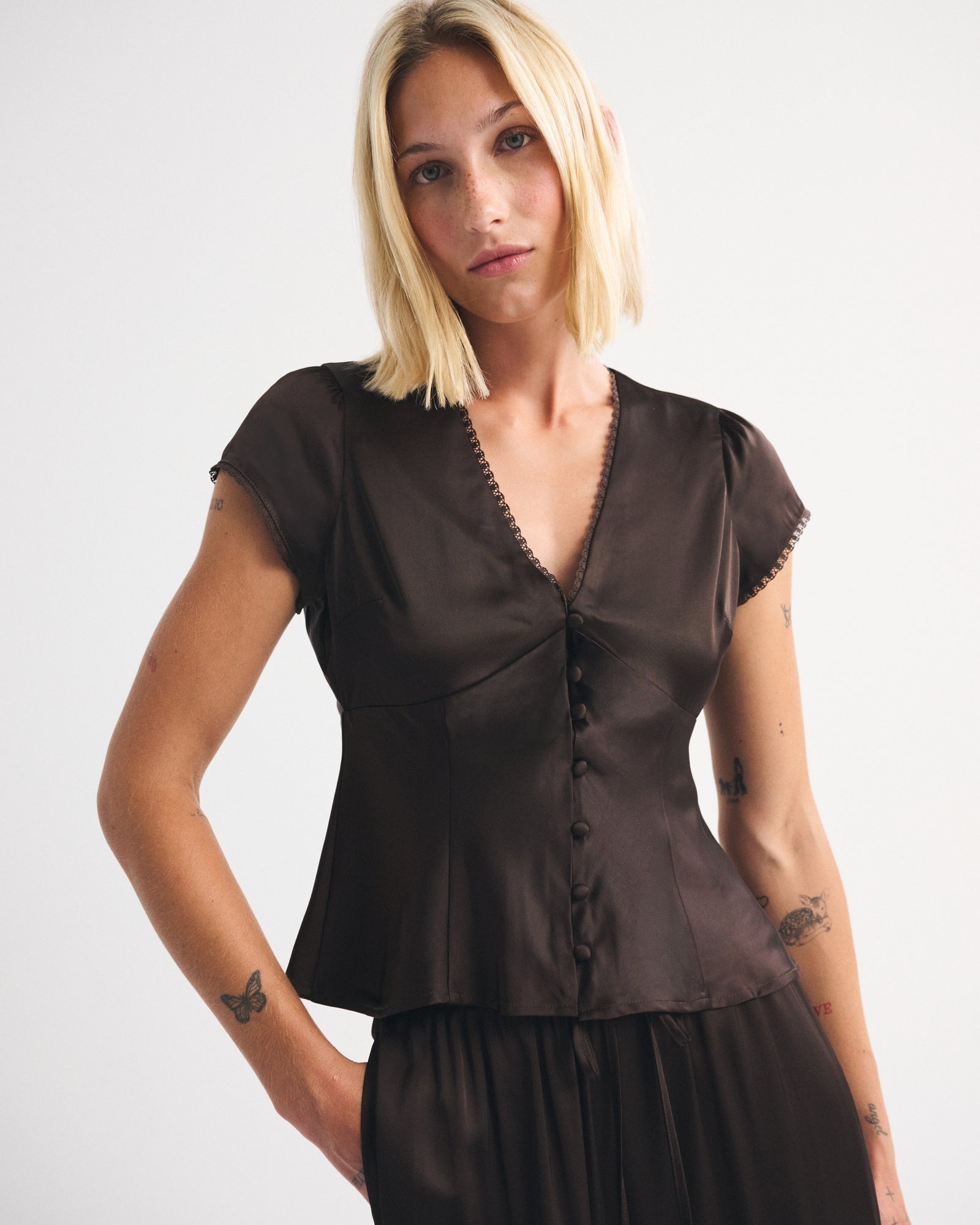 Abercrombie Lace-Trim Satin Button-Up Blouse