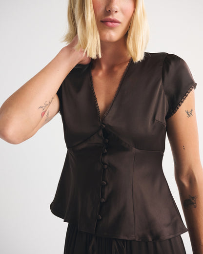 Abercrombie Lace-Trim Satin Button-Up Blouse