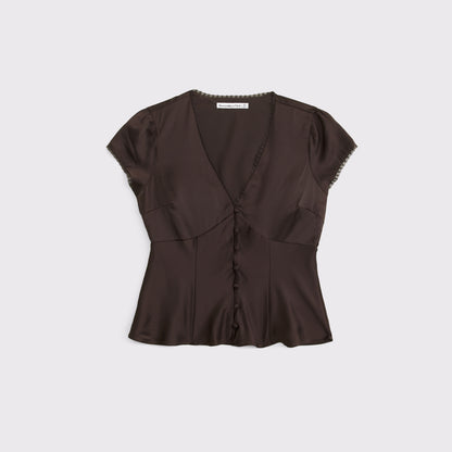 Abercrombie Lace-Trim Satin Button-Up Blouse
