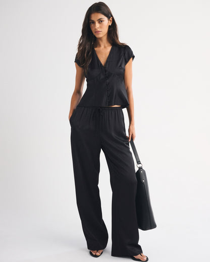 Abercrombie Lace-Trim Satin Button-Up Blouse