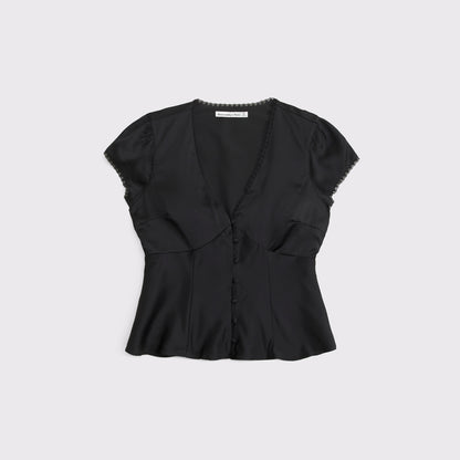 Abercrombie Lace-Trim Satin Button-Up Blouse