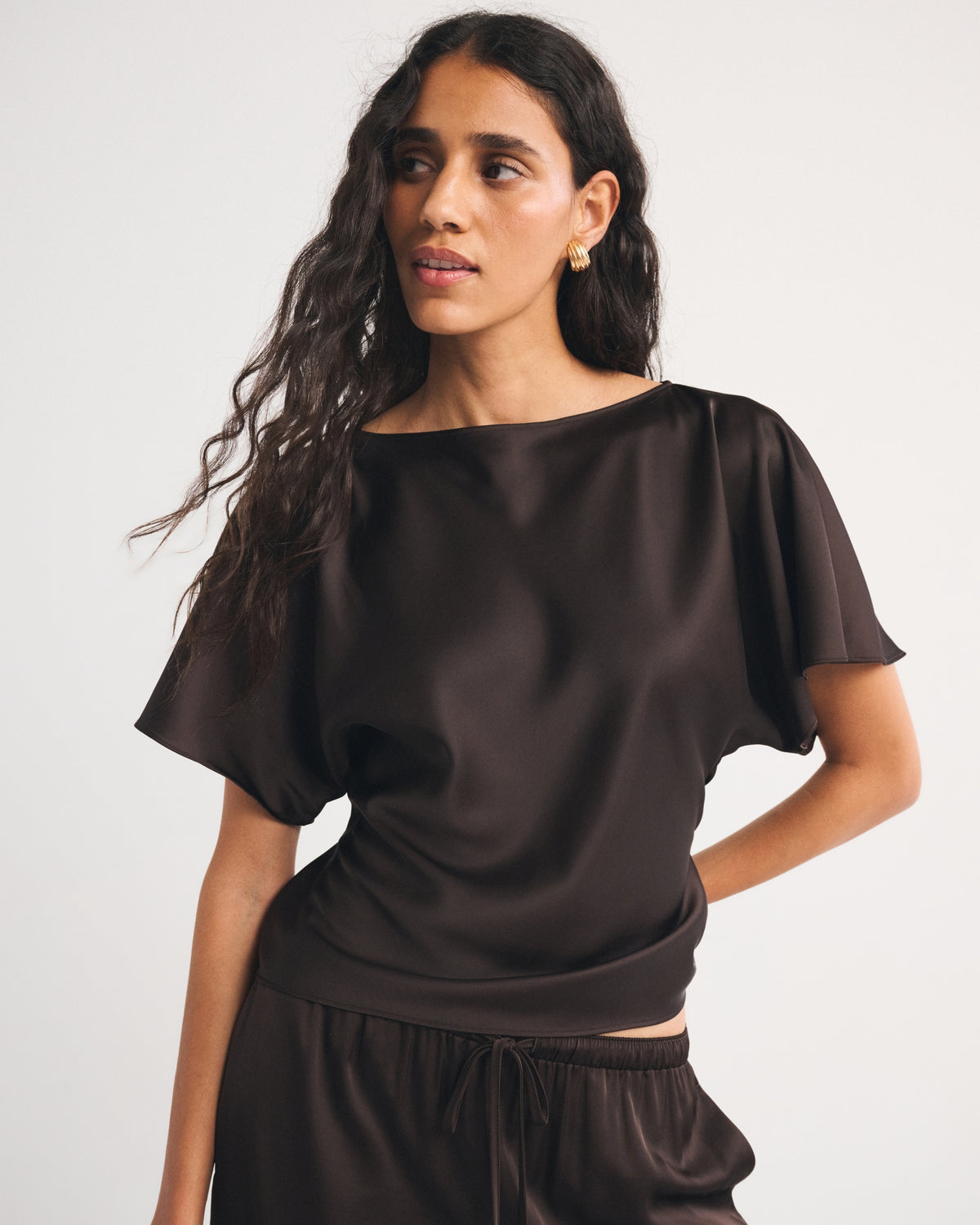 Abercrombie Satin Flutter Sleeve Slash Top