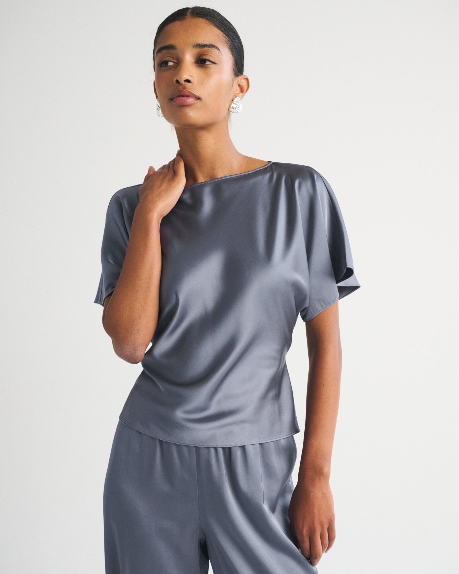 Abercrombie Satin Flutter Sleeve Slash Top