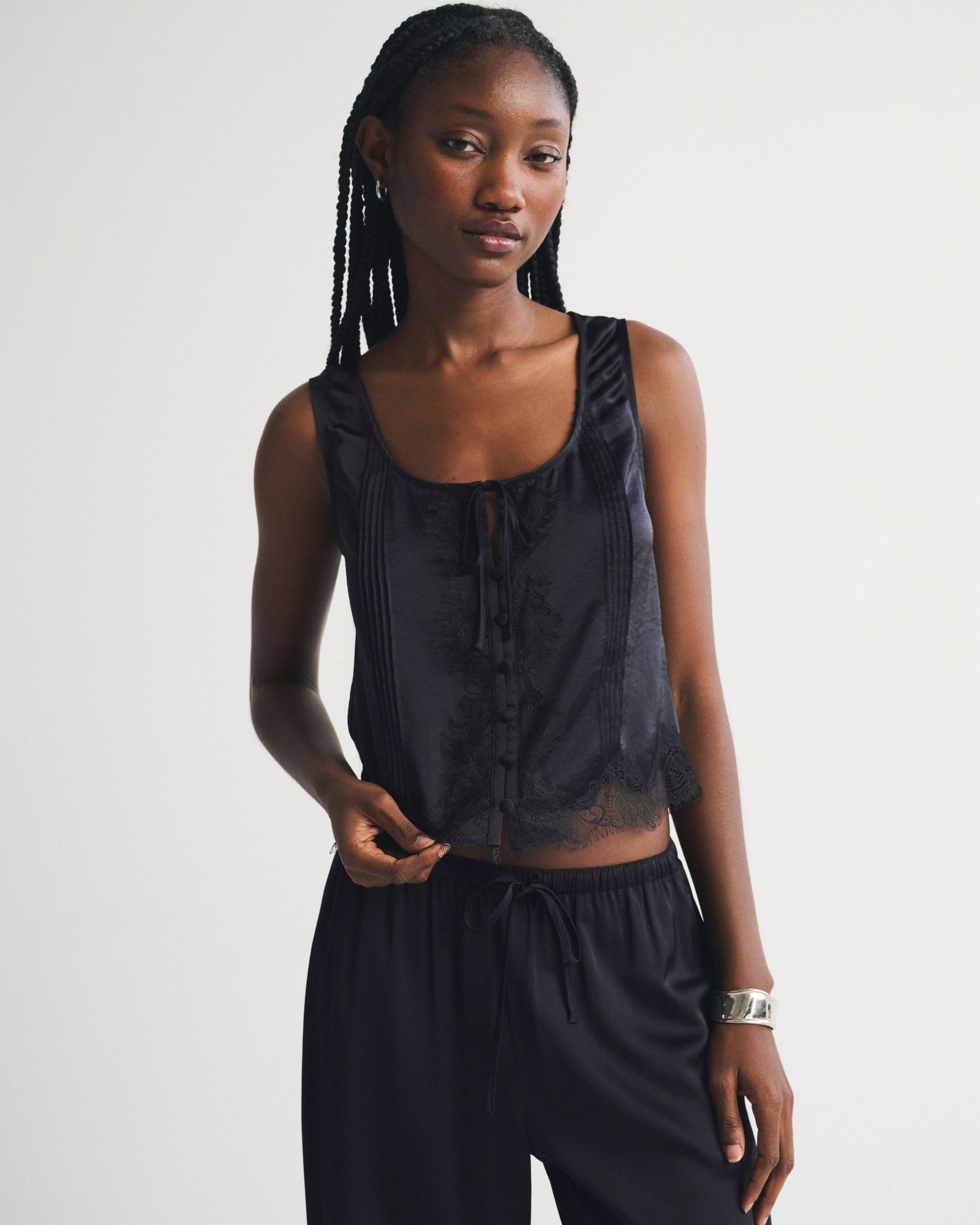 Abercrombie Lace-Trim Pintuck Satin Tank