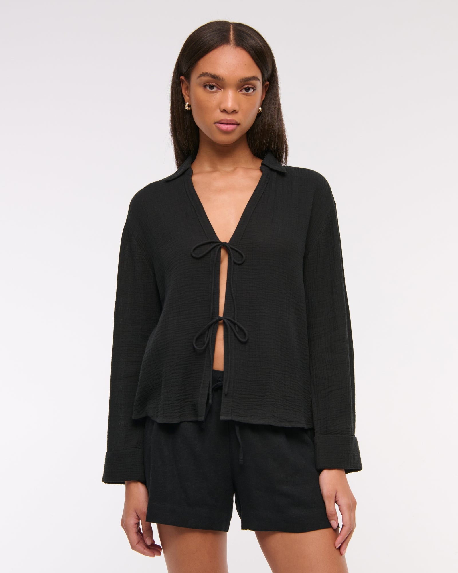 Abercrombie Long-Sleeve Oversized Tie-Front Gauzy Shirt
