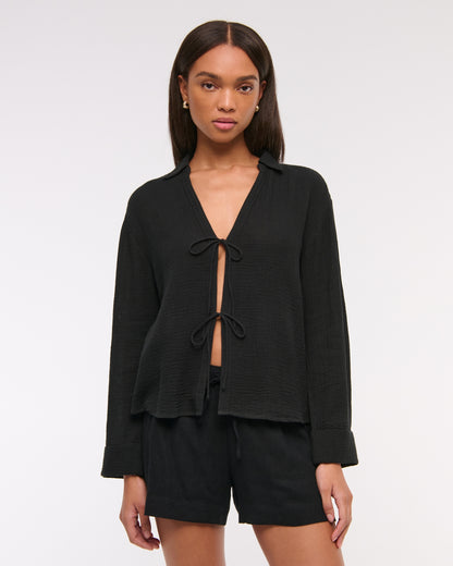 Abercrombie Long-Sleeve Oversized Tie-Front Gauzy Shirt