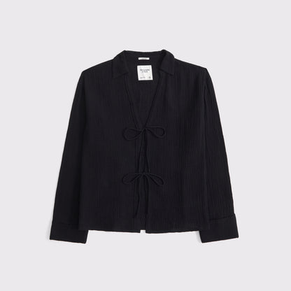 Abercrombie Long-Sleeve Oversized Tie-Front Gauzy Shirt